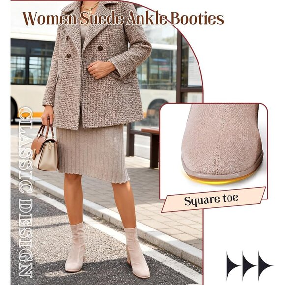 Women's Apricot Square Toe Low Block Heel Chelsea Back Zipper Mid Calf Booties - Picture 2 of 6